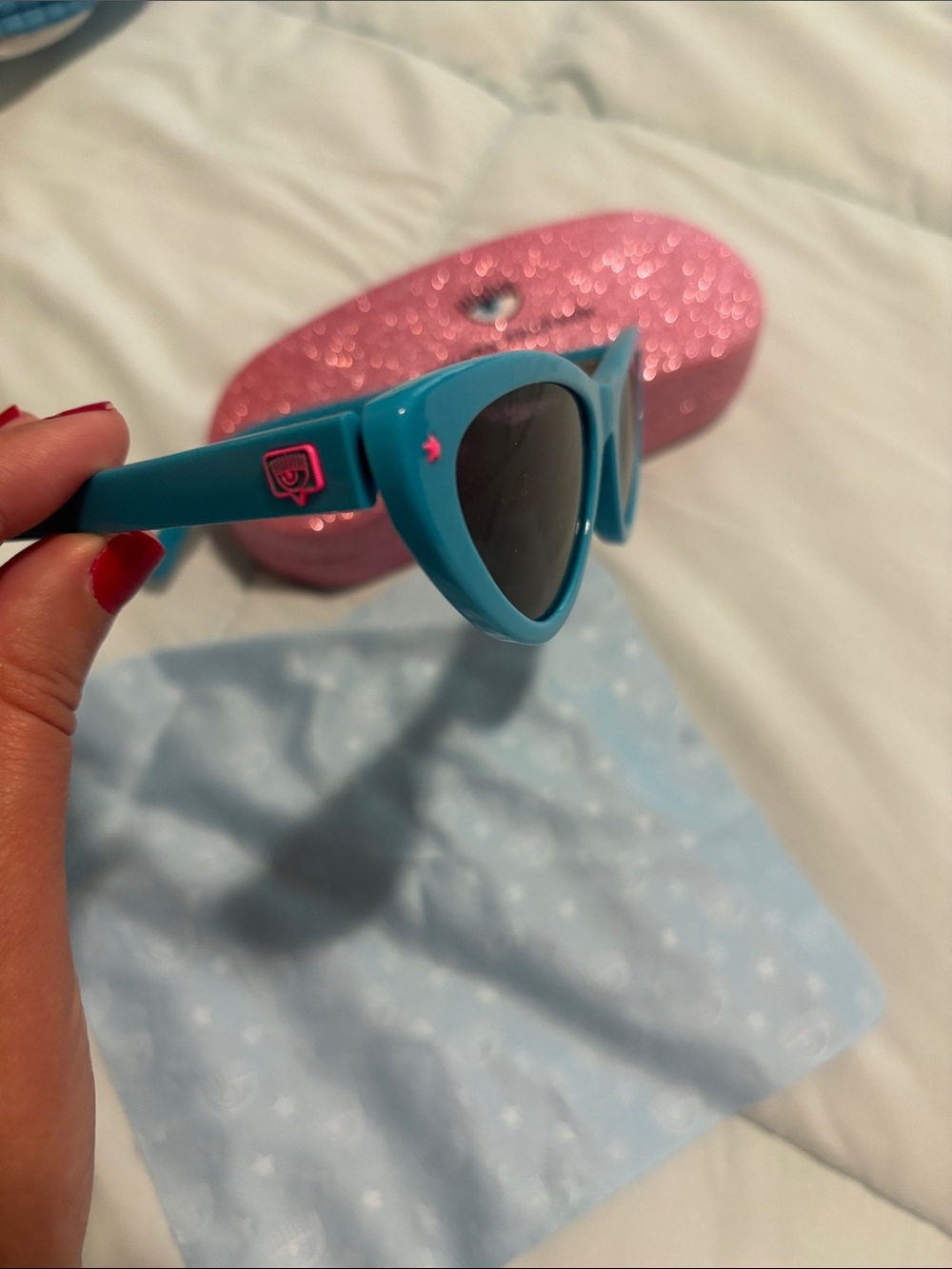 Chiara Ferragni Aqua Cat Eye Sunglasses with Pink Logo Accent